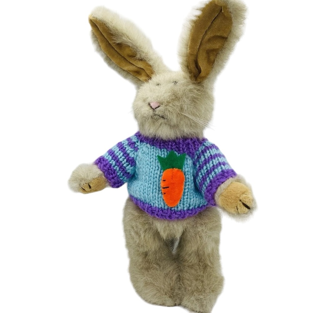 1988 Chrisha Playful Plush Brown Bunny Rabbit Knit Sweater 3D Carrot Easter Vtg - Picture 5 of 9
